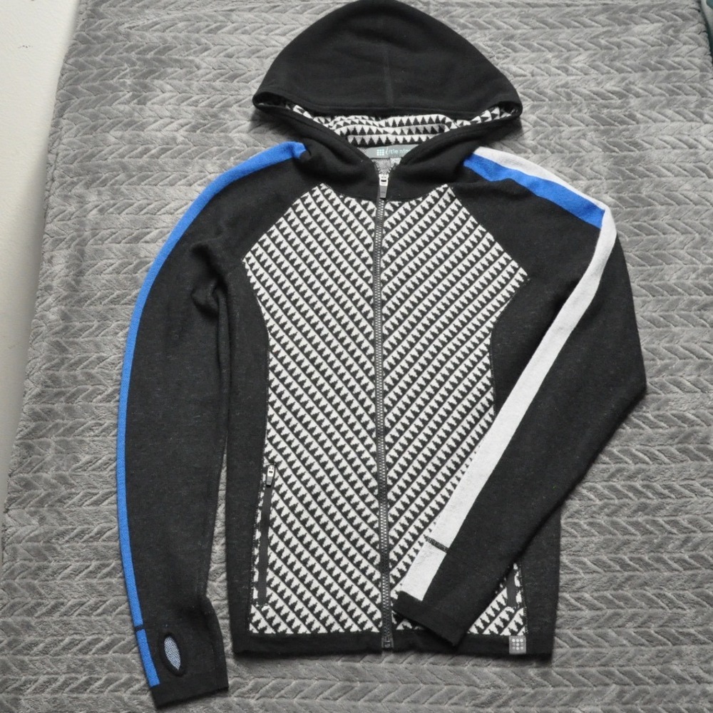 Title Nine Merino Wool Hoodie XS Black Geometric Zip Thumbholes 490930 (1861)